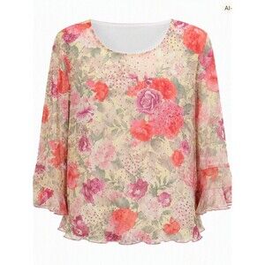 Dressbarn Multicolor Floral Sheer Lined Ruffle 3/4 Sleeve Blouse Size 18/20